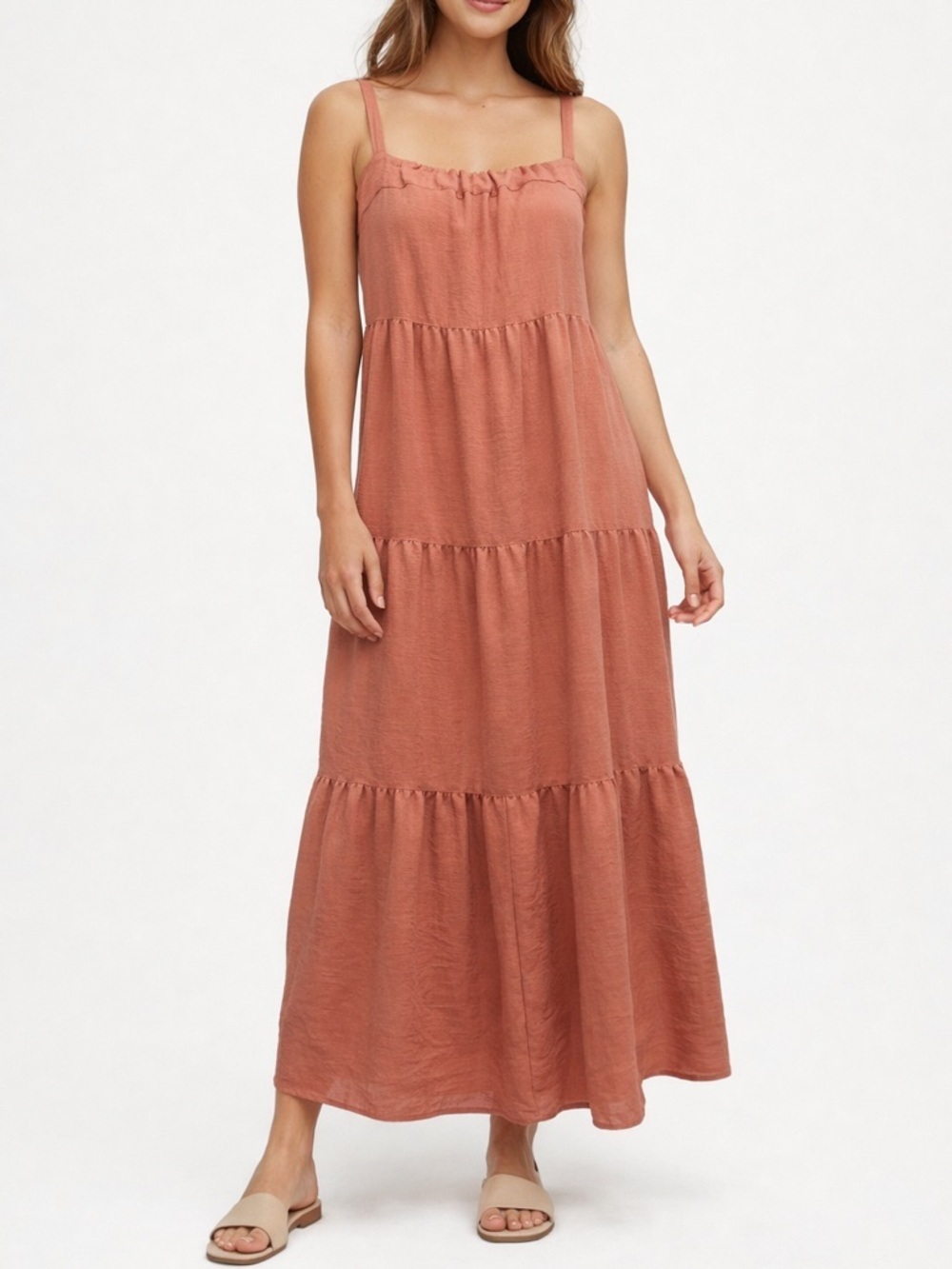 Felina Dusty Coral Tiered Maxi Dress Size Large With Pockets